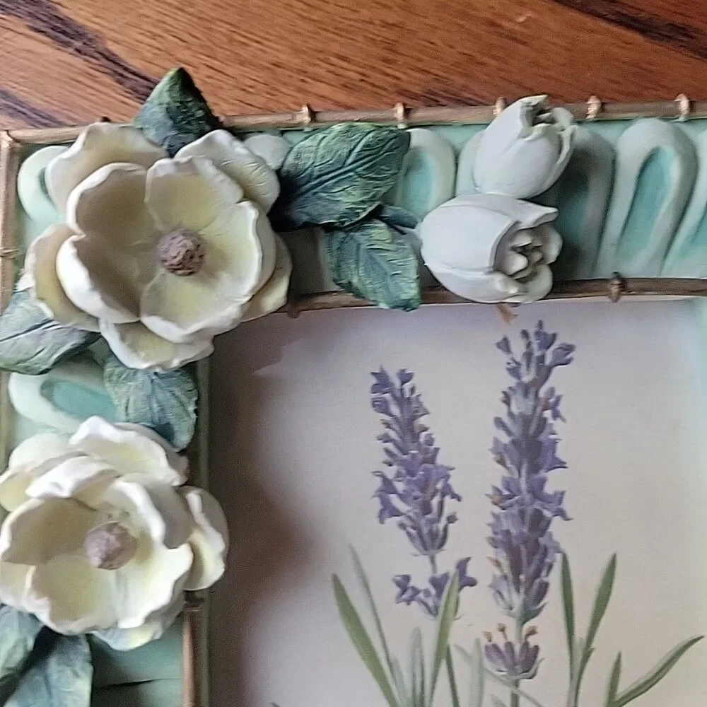 Vtg Ganz 3D Mint Green photo frame Magnolia Flowers Resin Rare Green Academia